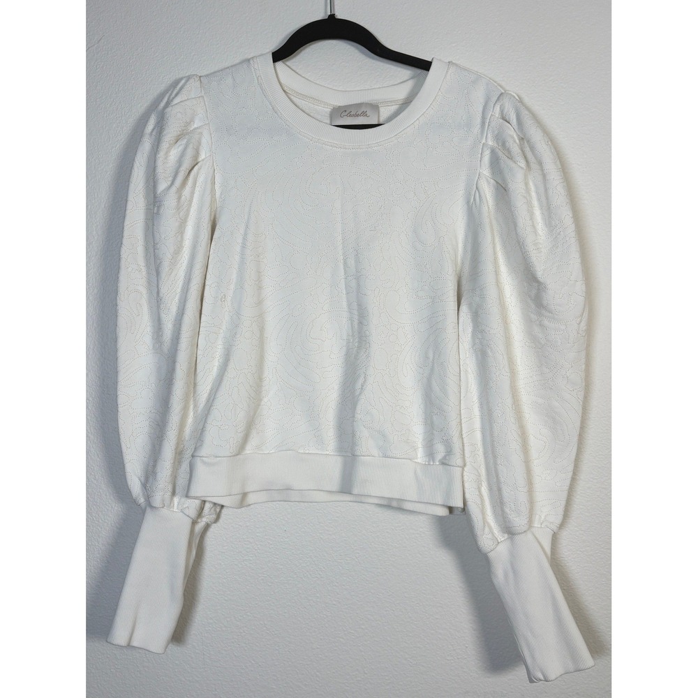 Cleobella White Organic Cotton Quilted Paisley Puff Sleeve Sweatshirt Medium